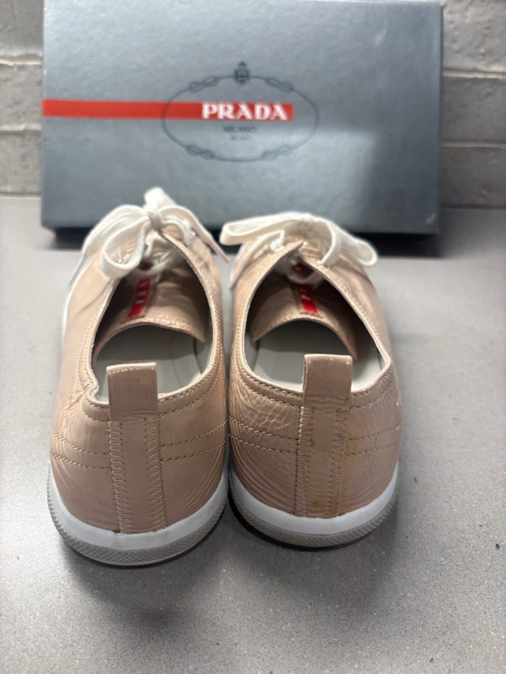 Prada Beige and White Women’s Low-Top Leather Sneakers - Picture 4 of 6